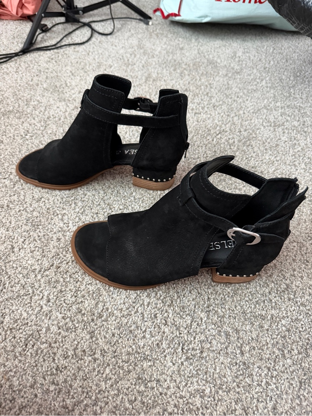 Chelsea & Violet Black Open-Toe Suede Ankle Booties with Buckle Detail